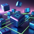 Floating digital cubes with circuit patterns are interconnected by glowing green lines, representing blockchain technology Royalty Free Stock Photo