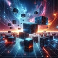 Floating digital cubes in a cosmic nebula with glowing data streams and grid patterns abstract Royalty Free Stock Photo