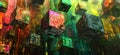Floating digital cubes in vibrant colors representing advanced technology and data processing Royalty Free Stock Photo