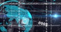 Floating digital globe showing map outlines and grid in data interface, with flowing binary streams Royalty Free Stock Photo