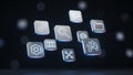 Floating digital icons on dark background representing technology and data management Royalty Free Stock Photo
