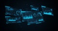Floating digital screens display data visualizations, including line graphs, bar