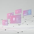 Floating digital screens display various data visualizations, including graphs, charts, Royalty Free Stock Photo