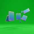 Floating digital tablets on a bright green background. The devices vary in size and Royalty Free Stock Photo