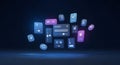 Floating digital user interface elements on a dark blue background. Royalty Free Stock Photo