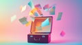 Floating documents highlighted against a vibrant pastel background featuring an open briefcase with dynamic movement and Royalty Free Stock Photo