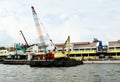 Floating dredging platform on the river Royalty Free Stock Photo