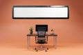 Floating empty search box with single office computer workspace discount offer; copy space; orange background; online ecommerce