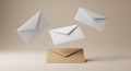Floating Envelopes Delivery Concept Three white envelopes float above a brown envelope suggesting swift delivery and