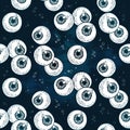 Floating eyeballs seamless pattern over blue background. Fabric print, wrapping paper or textile design hand drawn art vector illu