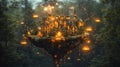 Floating Fantasy Village Amidst Glowing Forest Royalty Free Stock Photo