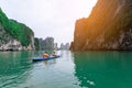 Floating fishing village and rock island in Halong Bay, Vietnam, Southeast Asia