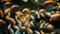 floating flock of yellow fish in aquarium