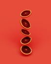 Floating/flying/falling sliced fresh graipfruit on orange background, 3d rendering