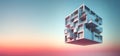 Floating futuristic house with cubic segments, pink hue, pastel sky, large windows, minimalist design, greenery on roofs