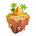 Floating game island, vector isometric Egypt land, ancient pyramid, tropical palm, cactus, rocks.