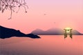 Floating gate of island at sunset time. Birds, sea, sun, mountains and sakura tree.