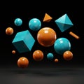 Floating geometric shapes in dynamic arrangement include spheres, a cube