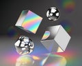 Floating Geometric Shapes with Iridescent Reflections and Rainbow Light Refractions on a Dark Gradient Background with Soft Bokeh Royalty Free Stock Photo