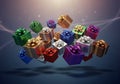 Floating gift boxes of various sizes and colors, each adorned with metallic bows, are set against a Royalty Free Stock Photo