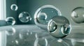 Floating glass spheres casting reflections on a smooth, glossy surface in a bright space Royalty Free Stock Photo