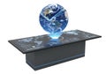 Floating globe on futuristic interactive table with digital interface and world map Royalty Free Stock Photo