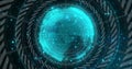 Floating glowing cyan data sphere in futuristic digital void, drifting particles and swirling lines Royalty Free Stock Photo