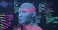 Floating glowing 3D mesh head model in virtual interface, showing code panels arrows index labels Royalty Free Stock Photo
