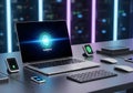 Floating glowing fingerprint surrounded by data blocks and circuit lines, abstract visual representation of secure digital Royalty Free Stock Photo
