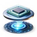 Floating glowing microchip with rotating circuits