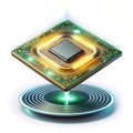 Floating glowing microchip with rotating circuits