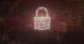 Floating glowing padlock icon weaving through network space, with red data streams, amber node grid Royalty Free Stock Photo