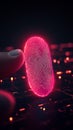 Floating glowing pink fingerprint touched by finger in futuristic biometric interface