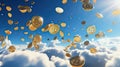 floating golden bitcoins in a blue cloudy sky