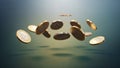 Floating golden coins on a gradient background showcasing various angles Royalty Free Stock Photo