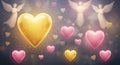 Floating golden and pink heart shapes against a soft, blurred background. Subtl