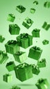 Floating Green Gift Boxes with Ribbon Bows on a Green Backdrop Festive Holiday Decor Concept Royalty Free Stock Photo