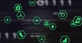 Floating green hexagonal eco and energy icons over dark glitch-effect background, with binary code Royalty Free Stock Photo