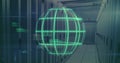Floating green holographic sphere displaying code in server room aisle, flanked by racks and ducts Royalty Free Stock Photo