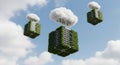 Floating Green Server Towers in the Sky, Cloud Computing, Eco-Friendly Data Centers Royalty Free Stock Photo