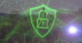 Floating green shield icon in forest, with padlock symbol, data streams, grid lines, light flare Royalty Free Stock Photo