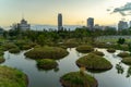 Floating hill scene against metro background