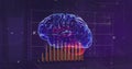 Floating holographic brain model glowing in virtual data interface, with 3D bar charts Royalty Free Stock Photo