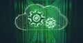 Floating holographic cloud icon displaying two gear icons inside server racks with binary streams Royalty Free Stock Photo