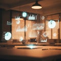 Floating holographic data visualizations are displayed above a laptop on a desk. The Royalty Free Stock Photo