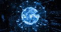 Floating holographic globe rotating within dark grid, orbiting numeric data rings and code snippets Royalty Free Stock Photo