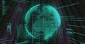 Floating holographic wireframe globe rotating over digital interface with code and red grid Royalty Free Stock Photo