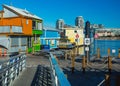 Floating Home Village colorful Houseboats Water Taxi Fisherman`s Wharf Reflection Inner Harbor, Victoria British Columbia Canada