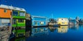 Floating Home Village Houseboats Fisherman`s Wharf Inner Harbor, Victoria British Columbia Canada.Area has floating homes, boats, Royalty Free Stock Photo