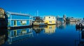 Floating Home Village Houseboats Fisherman`s Wharf Inner Harbor, Victoria British Columbia Canada.Area has floating homes, boats,